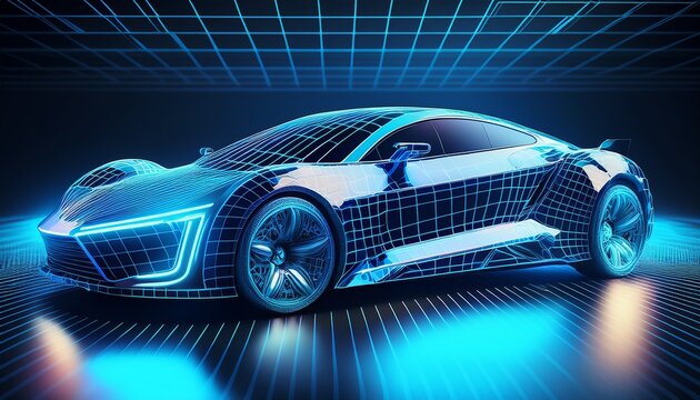 futuristic blue wireframe sports car concept on a grid - Powered by Adobe