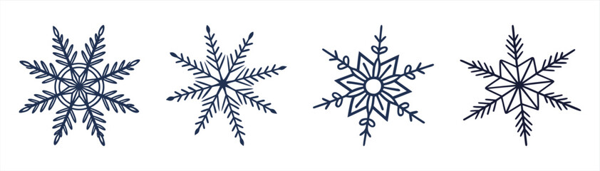 Elegant Navy Blue Geometric Snowflake Set on White Background