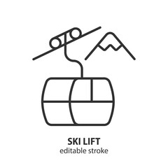 Simple line illustration of a ski lift gondola with mountain peaks. Winter travel and sport concept. Vector illustration. Editable stroke. © texturis