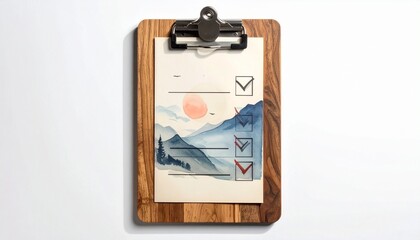 Wooden clipboard with checklist on paper, two tasks checked in red, one left incomplete, minimal setup.