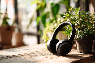 Modern black wireless headphones on wooden table with green plants in natural sunlight