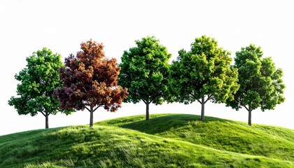 Row of five trees on rolling green hills, varied foliage colors, bright white background, serene and symmetrical landscape.