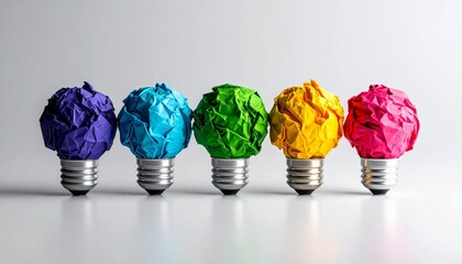 Creative concept of ideas shown as colorful crumpled paper shaped like light bulbs on bases, against a light gray background.