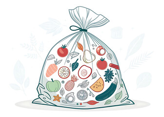 Overfilled trash bag silhouette with food shapes inside, minimal vector, white background