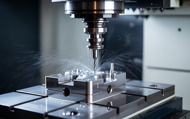 A precision cnc machine actively milling a metal workpiece with coolant spray