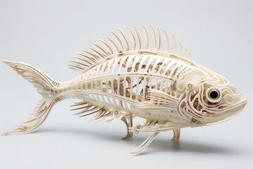 Stylized wooden fish skeleton on white background showing internal mechanism