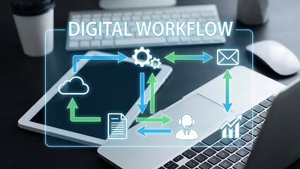 Digital workflow diagram on laptop and tablet cloud document