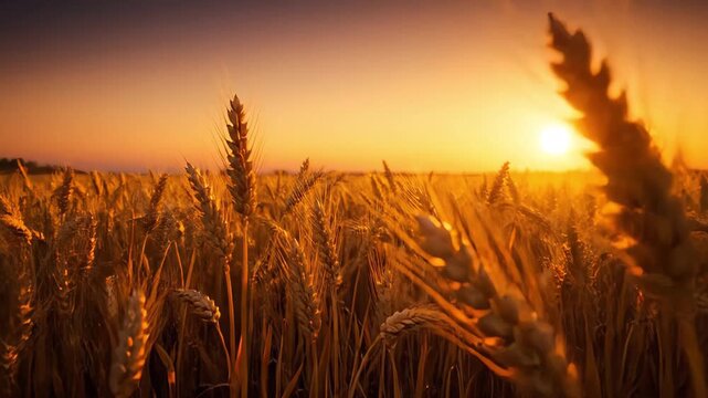 Golden wheat field at sunrise with warm backlighting and soft focus on ripened stalks, slow motion capture