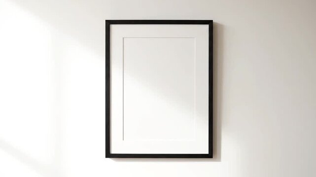 a blank picture frame on a white wall with natural light . use as multipurpose tittle intro, background. product mockup. motion graphics background