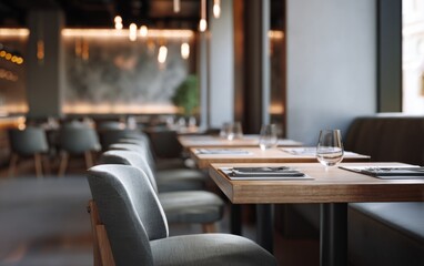 Modern restaurant dining interior with wooden tables elegant seating and warm ambient lighting