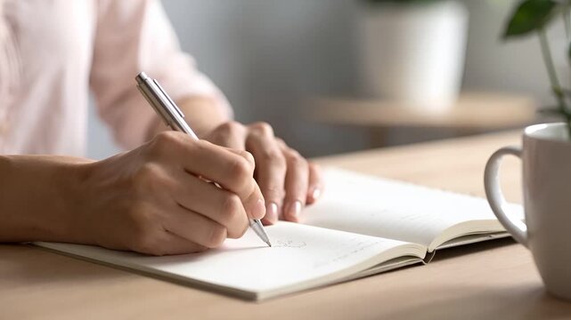 デスク上のノートに書き込む手元をクローズアップで撮影。
浅い被写界深度により背景はぼけ、筆記動作に自然と視線が集まる。
色味はニュートラルで、静かで落ち着いた雰囲気を演出。