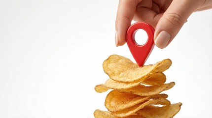 Close up of hand putting red navigation pin on potato crisps stack isolated