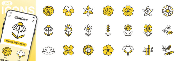 Medical flowers line icon set. Rose, violet, jasmine, calendula, echinacea, iris, chamomile vector illustrations. Duotone outline signs for cosmetic plant, skincare product ingredient. Editable Stroke
