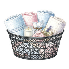 Illustration of Towels and Spa Items in Basket
