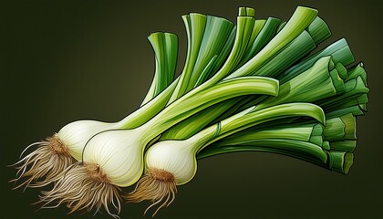 illustrate raw leeks with their roots intact the full length and vibrant colors of this vegetable green stalks and white bases transitioning seamlessly into the delicate fibrous roots