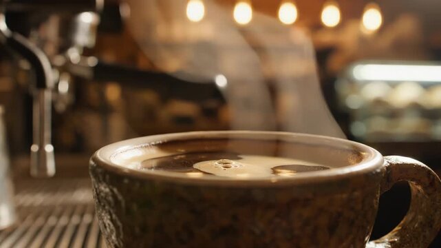 Coffee cup on a counter with espresso machine in the background