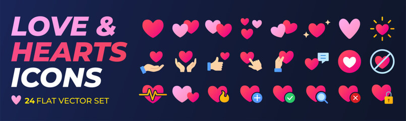 Flat gradient heart and love icon set for Valentines Day. Romantic, healthcare, charity and relationship vector symbols. Modern ui design elements for social media, mobile apps and web graphics