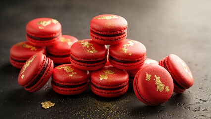 Gourmet red macarons with golden sprinkles, ideal for bakery marketing, events, and dessert presentation