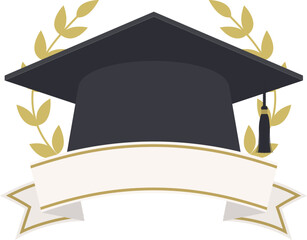 Academic Cap Emblem with Gold Laurel Wreath and Ribbon Border for School Celebration