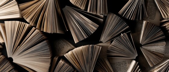 Overhead arrangement of open vintage books with fanned pages