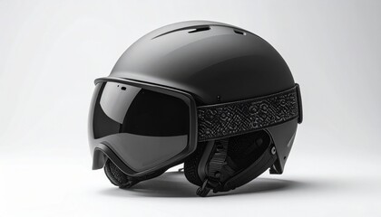 Matte Black Skiing Helmet with Visor Isolated on White Background