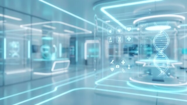 Futuristic medical laboratory with holographic interface and D N A double helix - Powered by Adobe