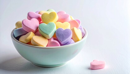 Pastel Candy Hearts in Light Green Bowl on White Background Valentines Day
