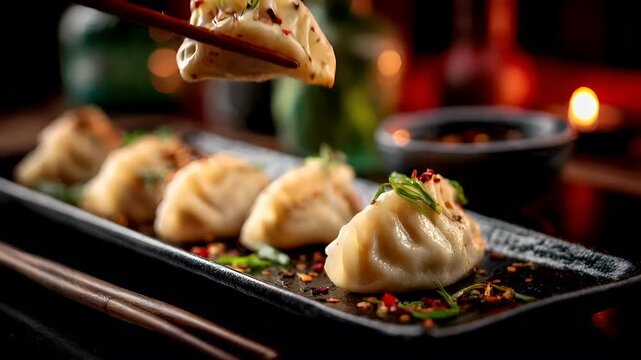 Chinese lunar new year holiday celebration. Spring festival tradition. Chunjie. Asia. chopsticks holding a dumpling with a bite taken out of it.