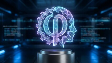 Glowing blue and purple circuit board omega symbol on gear shaped like human head on metallic pedestal in dark room