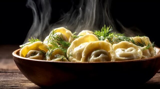 Chinese lunar new year holiday celebration. Spring festival tradition. Chunjie. Asia. A closeup of a bowl of dumplings with dill garnish, set against a dark, moody background.