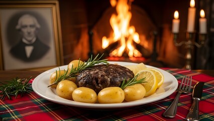 Fototapeta premium Celebrating robbie burns day with traditional scottish haggis neeps and tatties by the fire