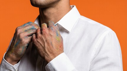 Close up of male hands with Mardi Gras paint adjusting white shirt collar