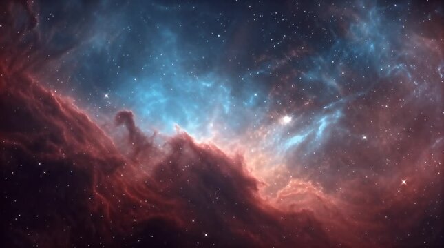 Cosmic panorama of ethereal nebulas in swirling shades of crimson and azure scattered with distant stars