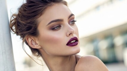 Beautiful woman with stylish makeup and modern hairstyle posing outdoors in soft sunlight