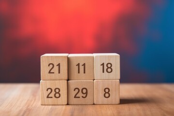 Wooden blocks showing numbers on a table, representing dates against a colorful background