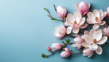 magnolia branch with delicate pink and white blossoms positioned on the left against a soft blue backdrop creating a serene floral composition