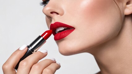 Naklejka premium Close-Up of Woman Applying Red Lipstick with Elegant Makeup for Beauty and Fashion Themes
