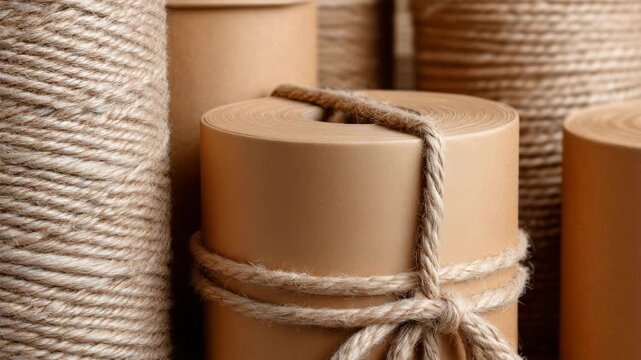 248Close-up of kraft paper rolls and natural twine intertwined, representing eco-friendly packaging