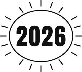 A minimal vector illustration showing the year 2026 inside an oval outline with sunburst rays.