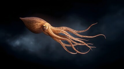 A solitary brown octopus with flowing tentacles drifts gracefully in the dark atmospheric ocean depths