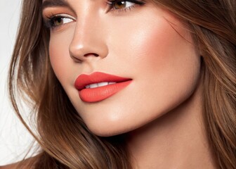 Close-Up Portrait of a Beautiful Woman with Radiant Skin and Bold Lip Color