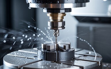 Precision metal cutting with a milling machine showcasing sparks and coolant