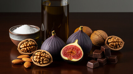 Gourmet Still Life: Fresh Figs, Walnuts, Almonds, and Dark Chocolate Ingredients