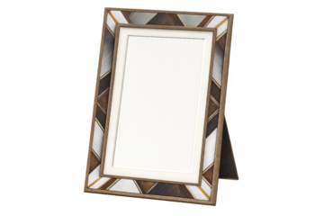 Standalone wooden picture frame featuring a contemporary geometric inlay design. Blank white space for adding custom image or text, with transparent background