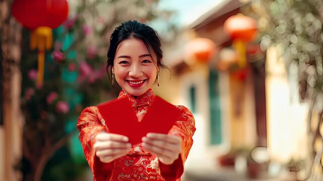 Chinese lunar new year holiday celebration. Spring festival tradition. Chunjie. Asia. woman in traditional red cheongsam with floral pattern and red envelope.