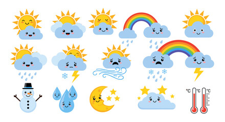 Comprehensive set of cute weather icons featuring smiling clouds sun moon and rainbow for kids educational designs.