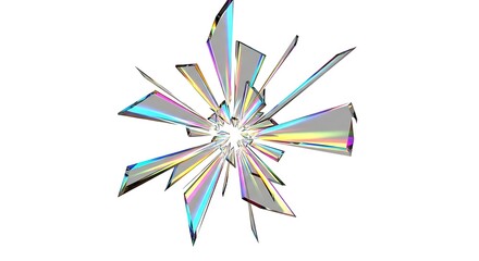 Iridescent crystal shards exploding in a colorful burst of light and rainbow hues on white