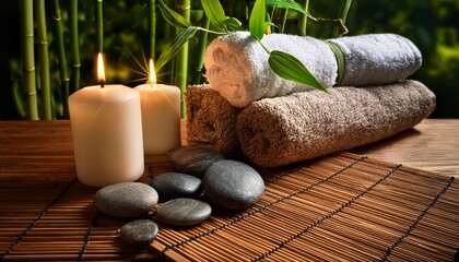 a calming spa atmosphere is created with candles soft towels bamboo sticks and decorative stones ideal for relaxation and self care