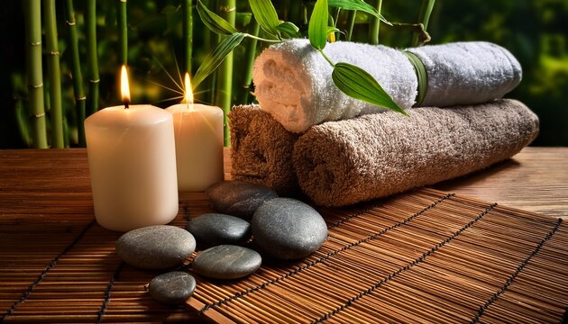 a calming spa atmosphere is created with candles soft towels bamboo sticks and decorative stones ideal for relaxation and self care - Powered by Adobe