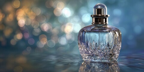 Elegant Fragrance Bottle: A luxurious perfume bottle, shimmering with refined craftsmanship, poised gracefully, against a serene background of subtle tones.